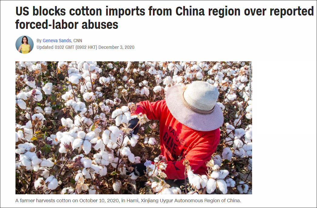 特朗普政府宣布禁止从新疆生产建设兵团进口棉